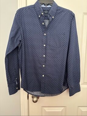 American Eagle Outfitters Navy Button-Down with White Microdots